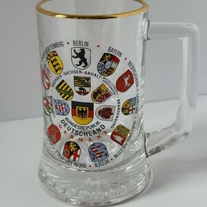 Elegant Glass Mug with German State Crests and Gold Rim